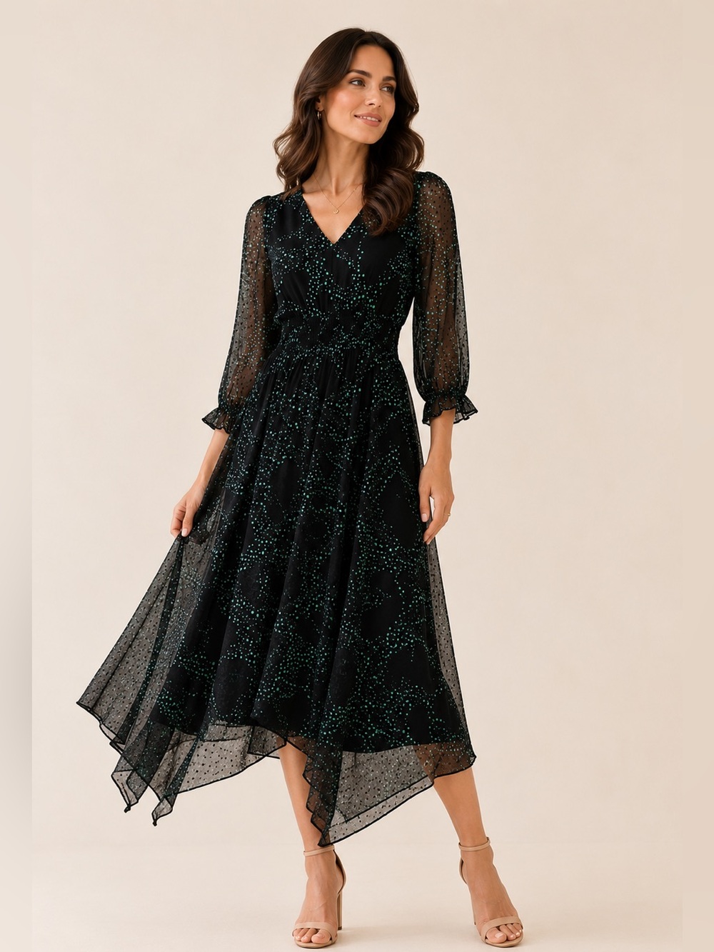 Maison Tara Black Green Polka Dot Chiffon Midi Dress Size 6 Handkerchief Hem